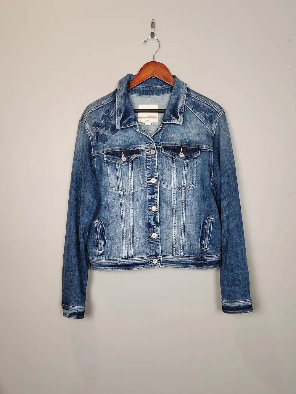 Sundance Floral Embroidered Blue Denim Jacket Size XL